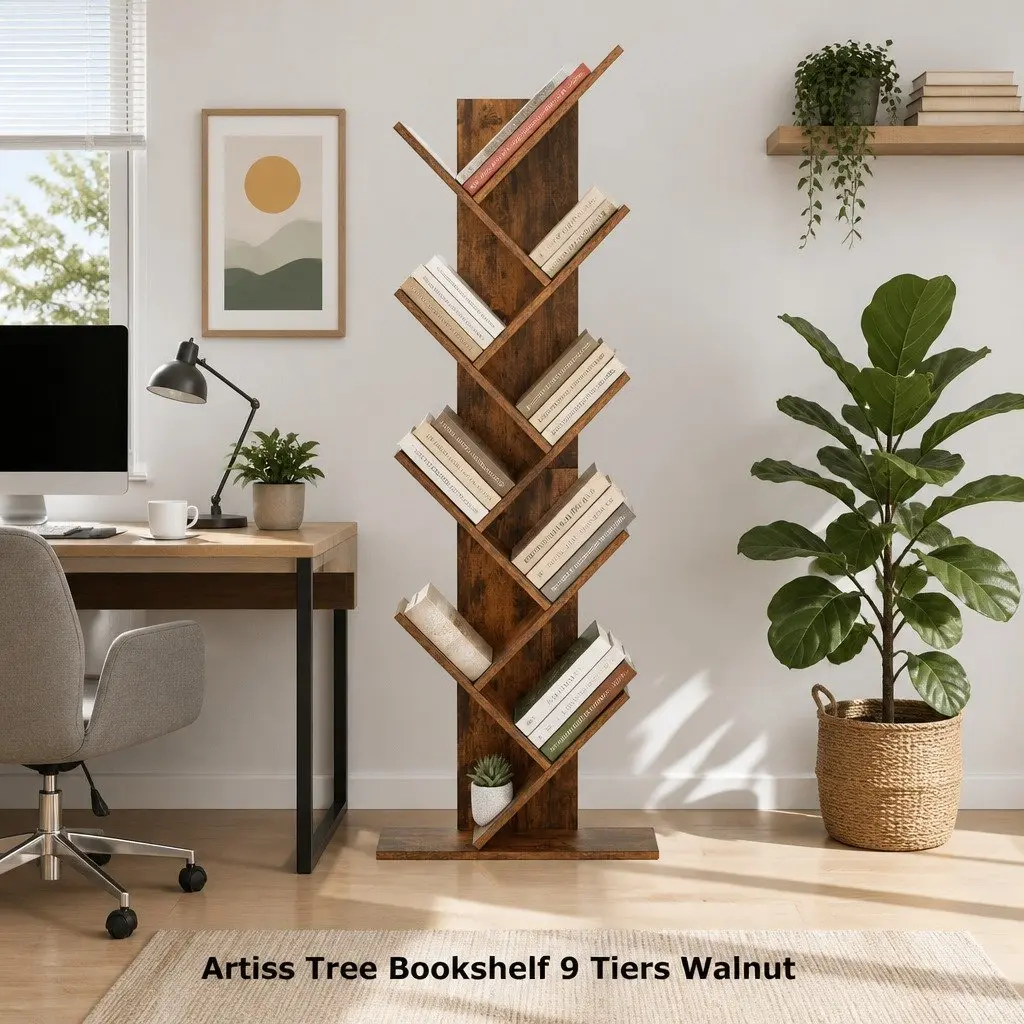 Tree Bookshelf 9 Tier Storage Display Stand Freestanding Bookcase Brown