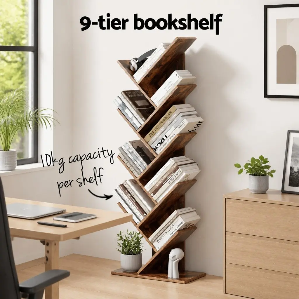 Tree Bookshelf 9 Tier Storage Display Stand Freestanding Bookcase Brown