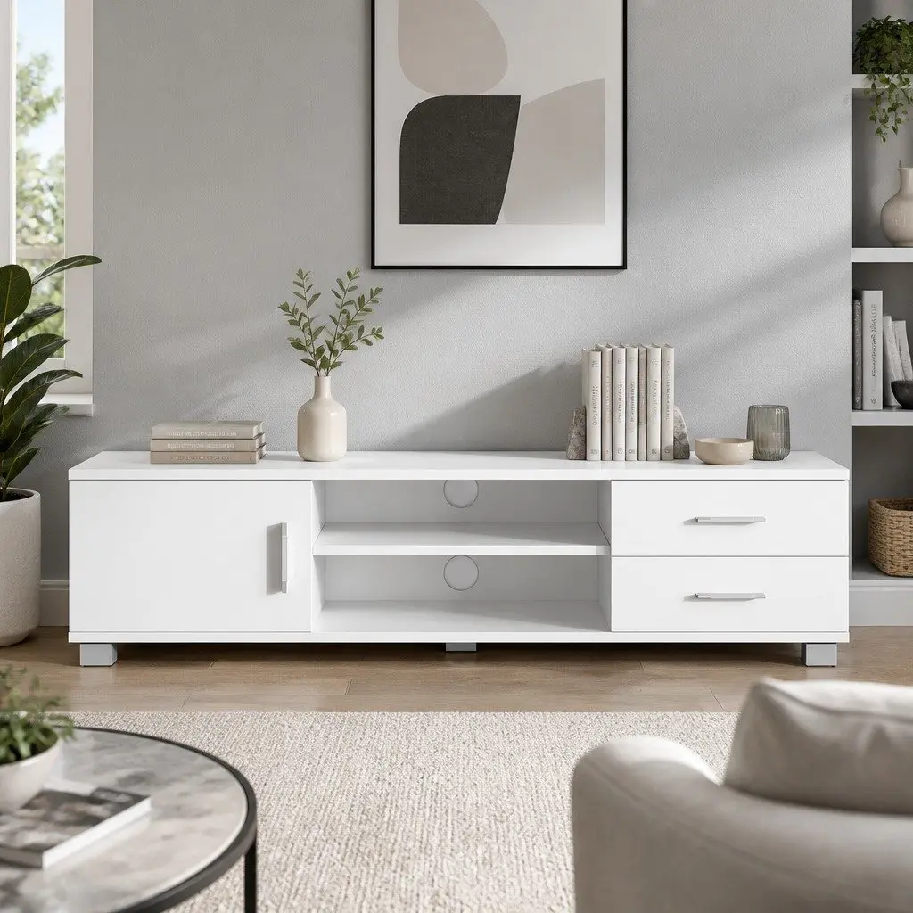 White 120cm TV Cabinet with Storage Shelves and Drawers