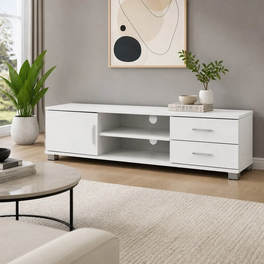 Entertainment Unit TV Cabinet 120cm White Contemporary Melamine Storage Shelves Drawers