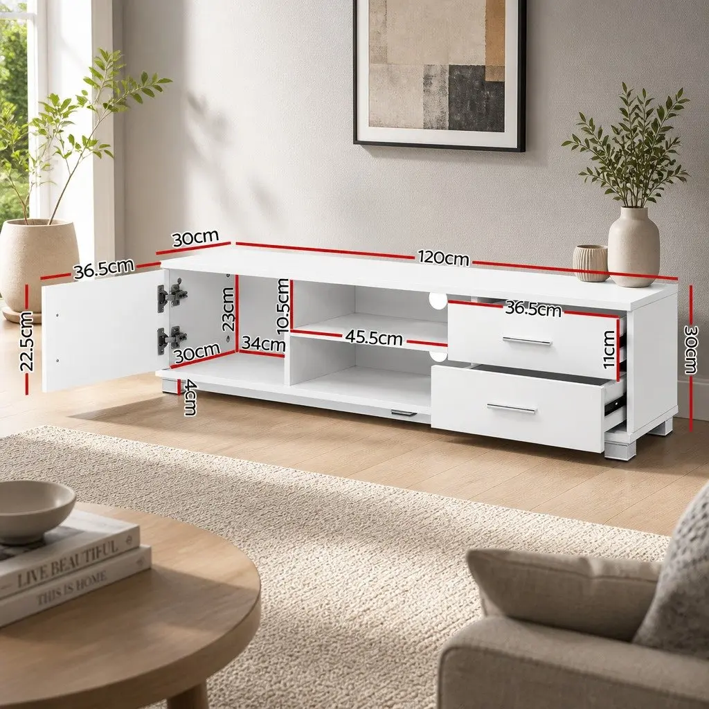 Entertainment Unit TV Cabinet 120cm White Contemporary Melamine Storage Shelves Drawers