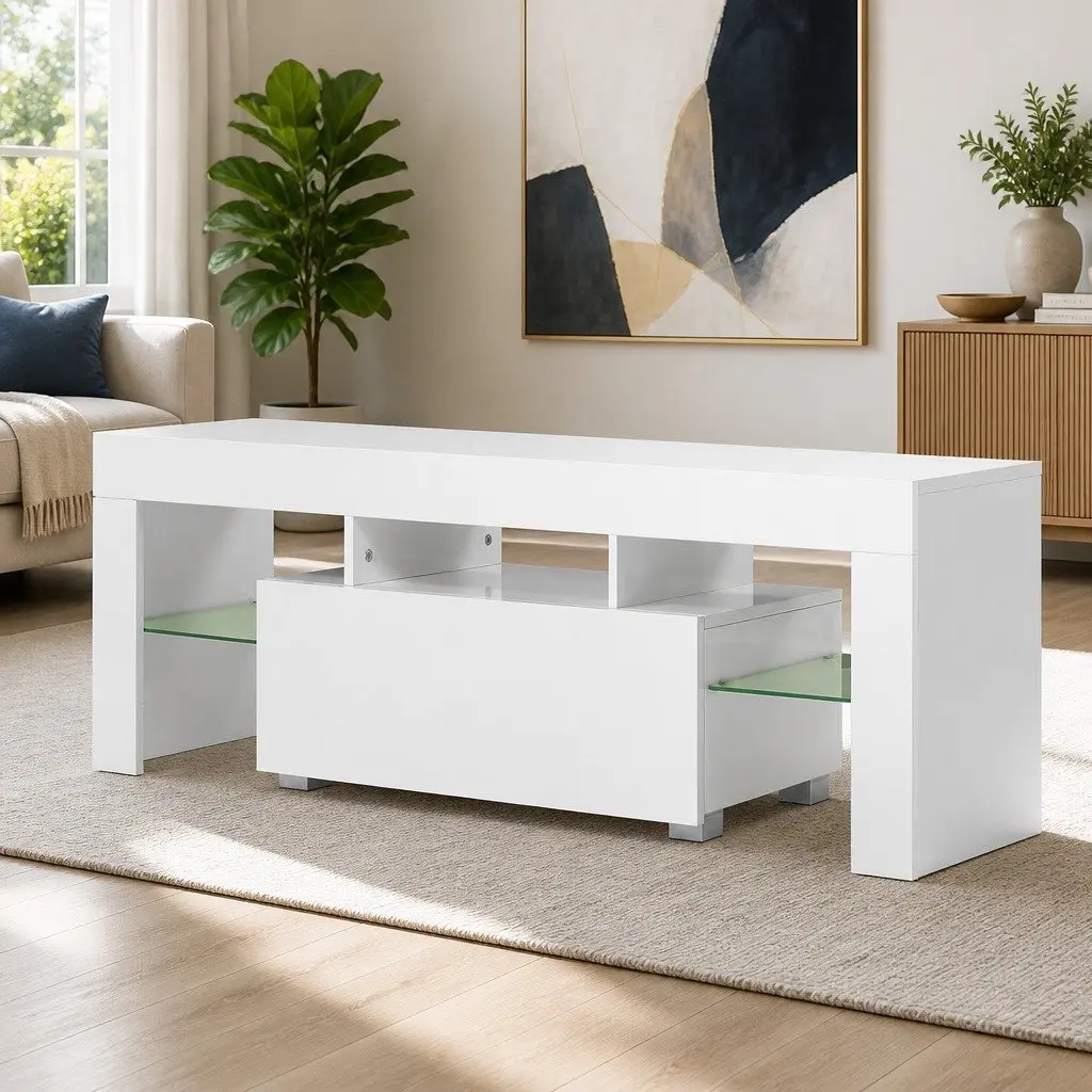 White LED Entertainment Unit 130cm with Glass Shelves