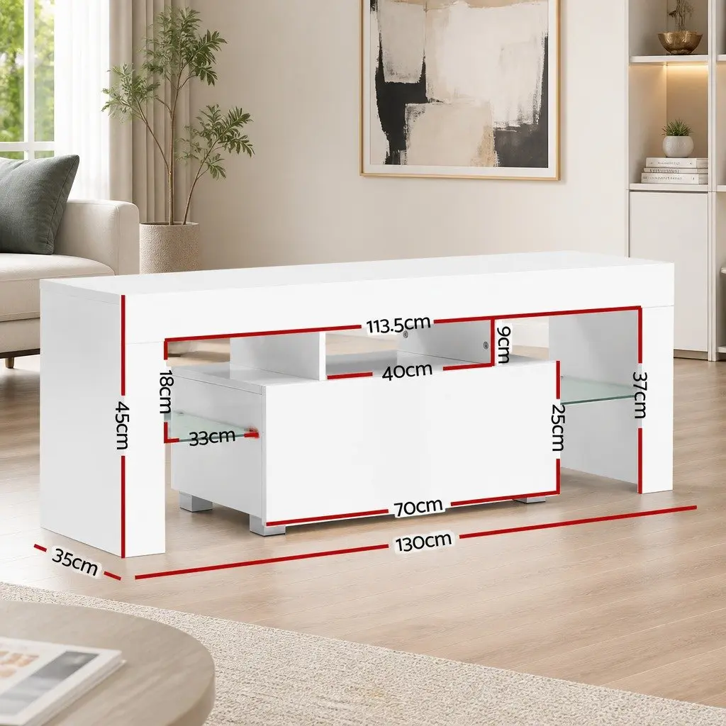 White LED Entertainment Unit 130cm with Glass Shelves