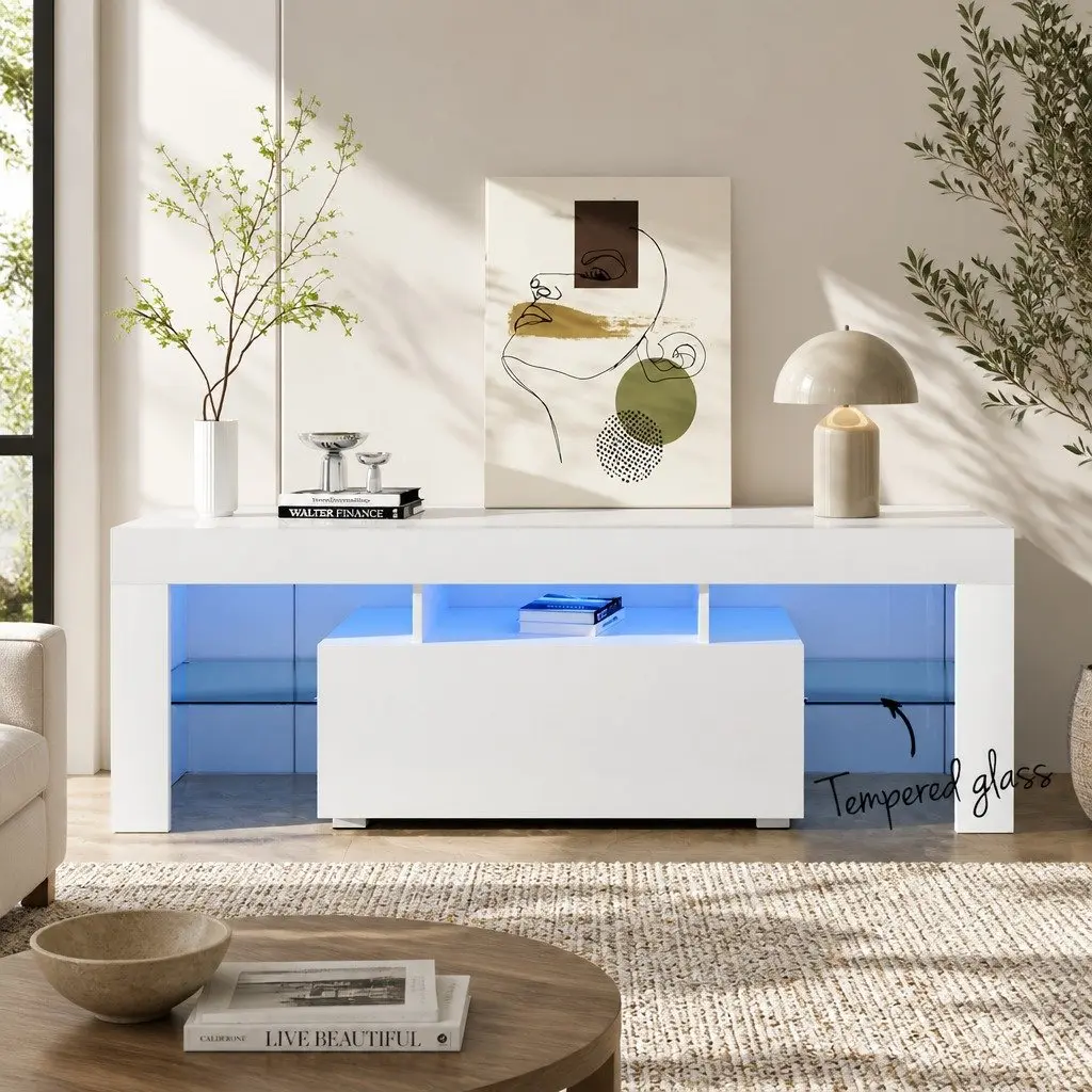 White LED Entertainment Unit 130cm with Glass Shelves