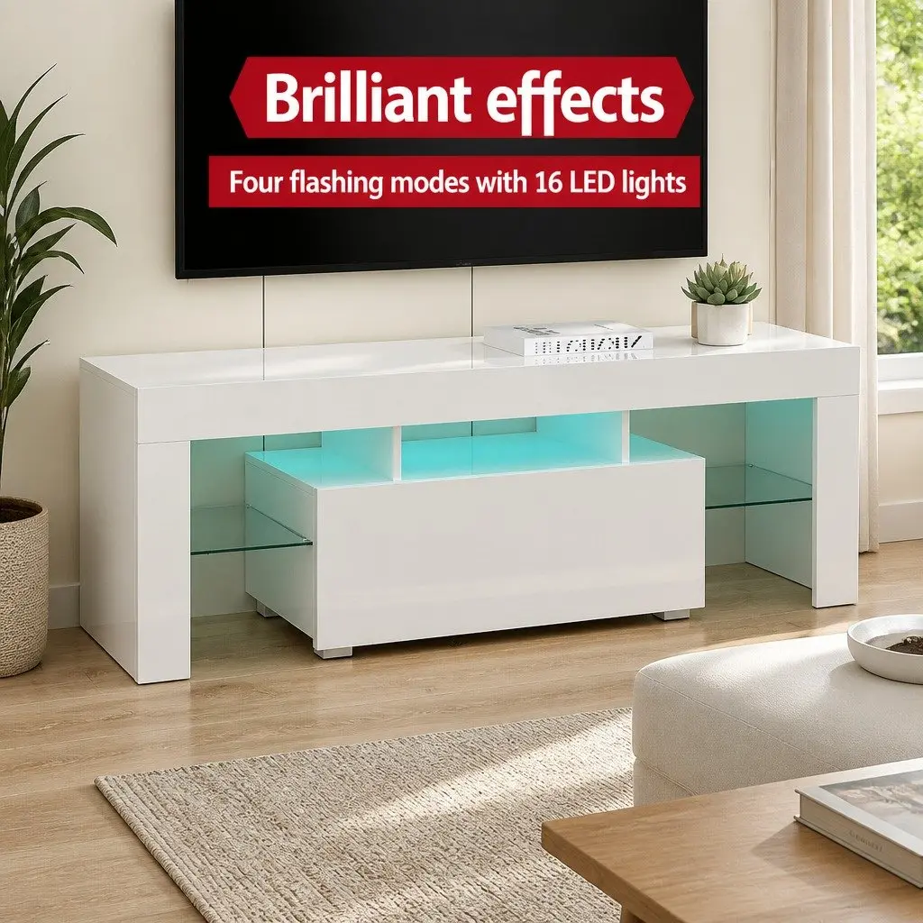 White LED Entertainment Unit 130cm with Glass Shelves
