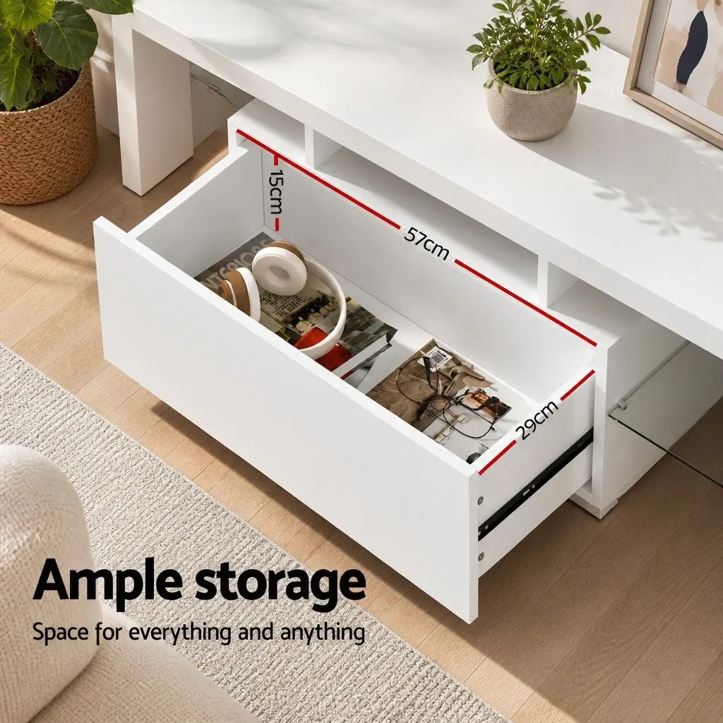 White LED Entertainment Unit 130cm with Glass Shelves