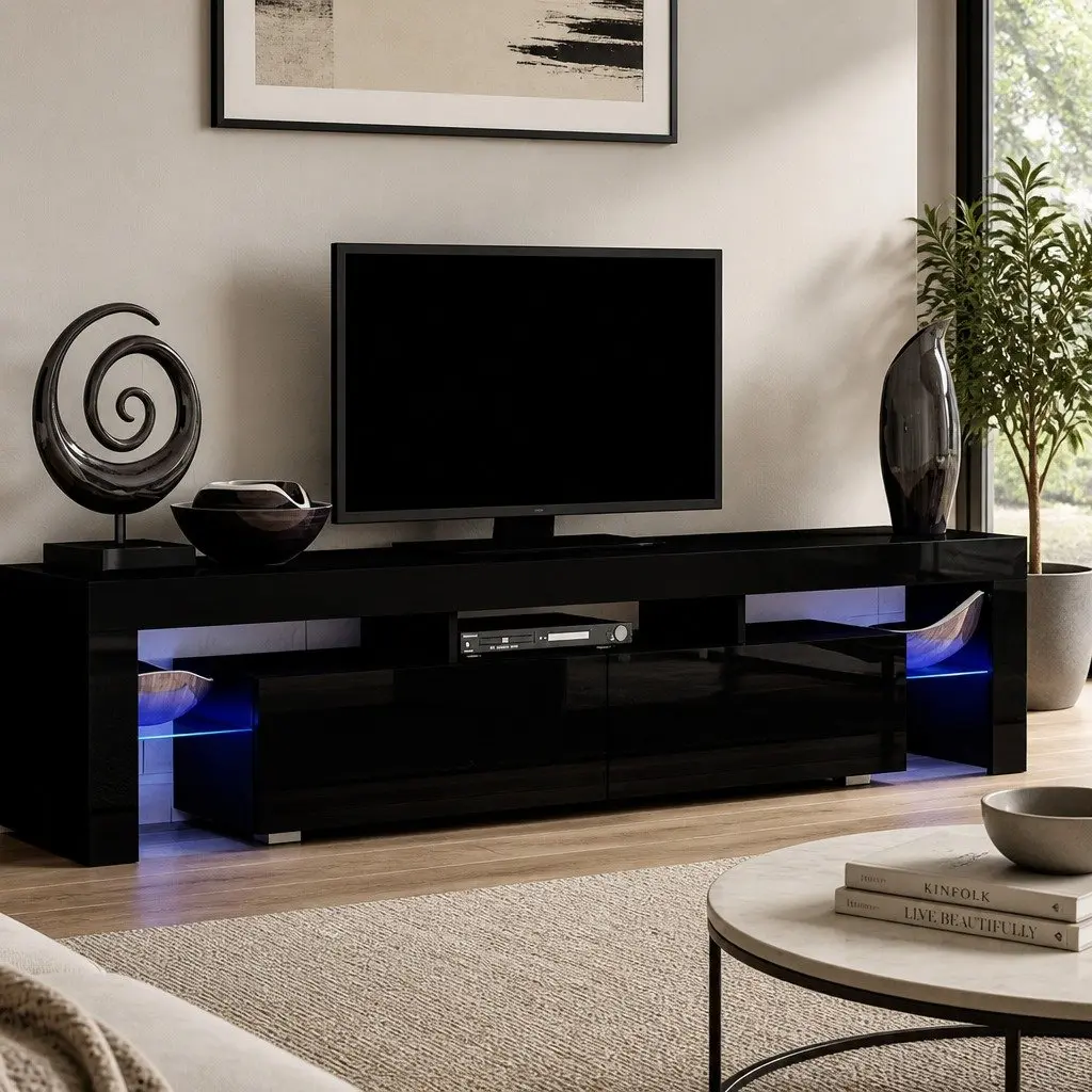 Black Entertainment Unit with LED Lighting 189cm
