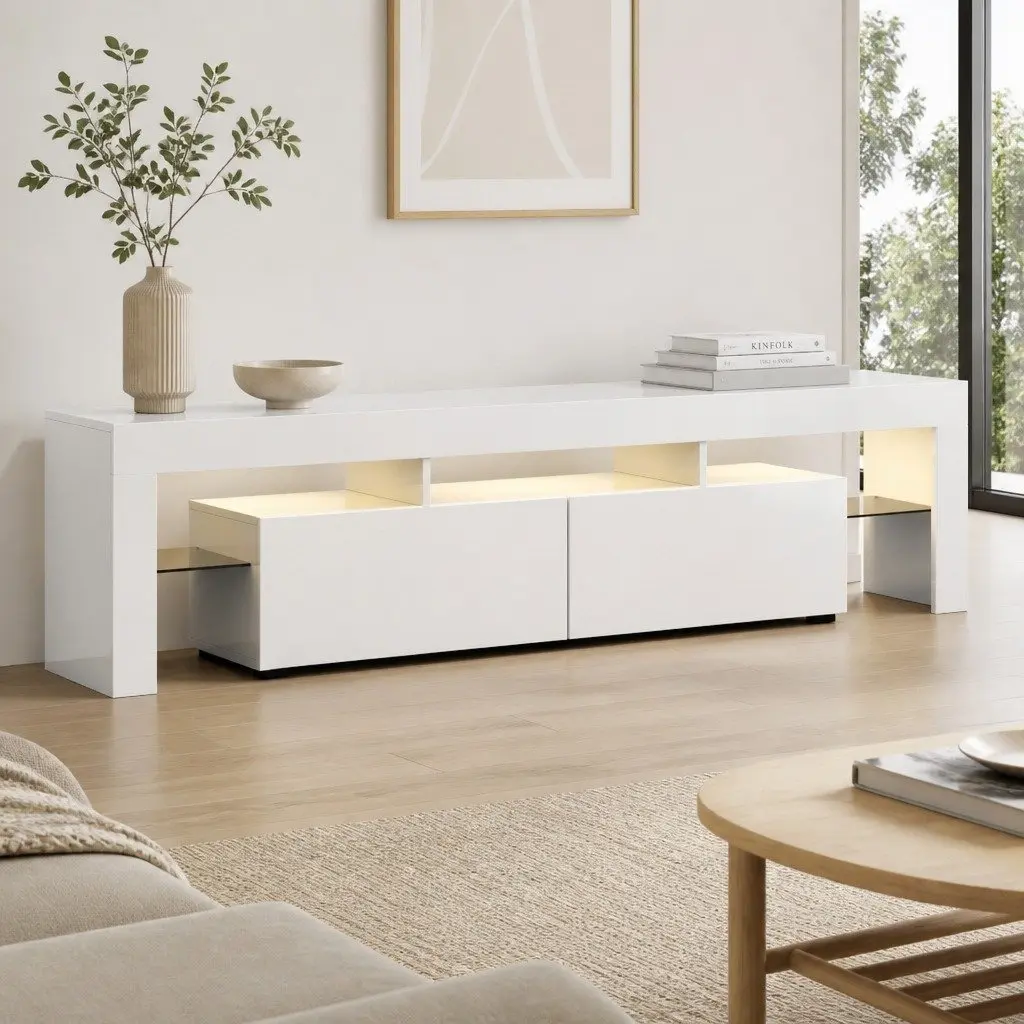 LED TV Cabinet 189cm with Storage and Glass Shelf