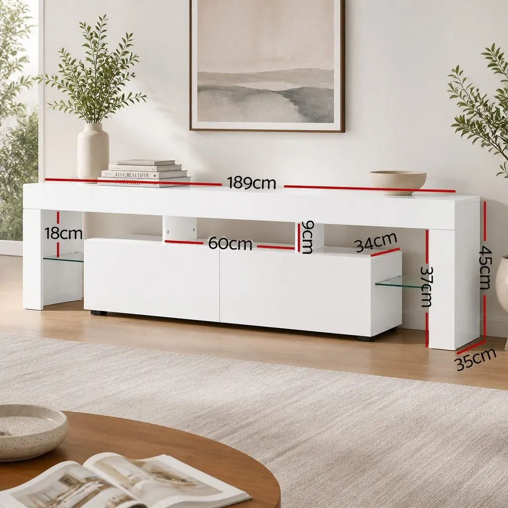 LED TV Cabinet 189cm with Storage and Glass Shelf