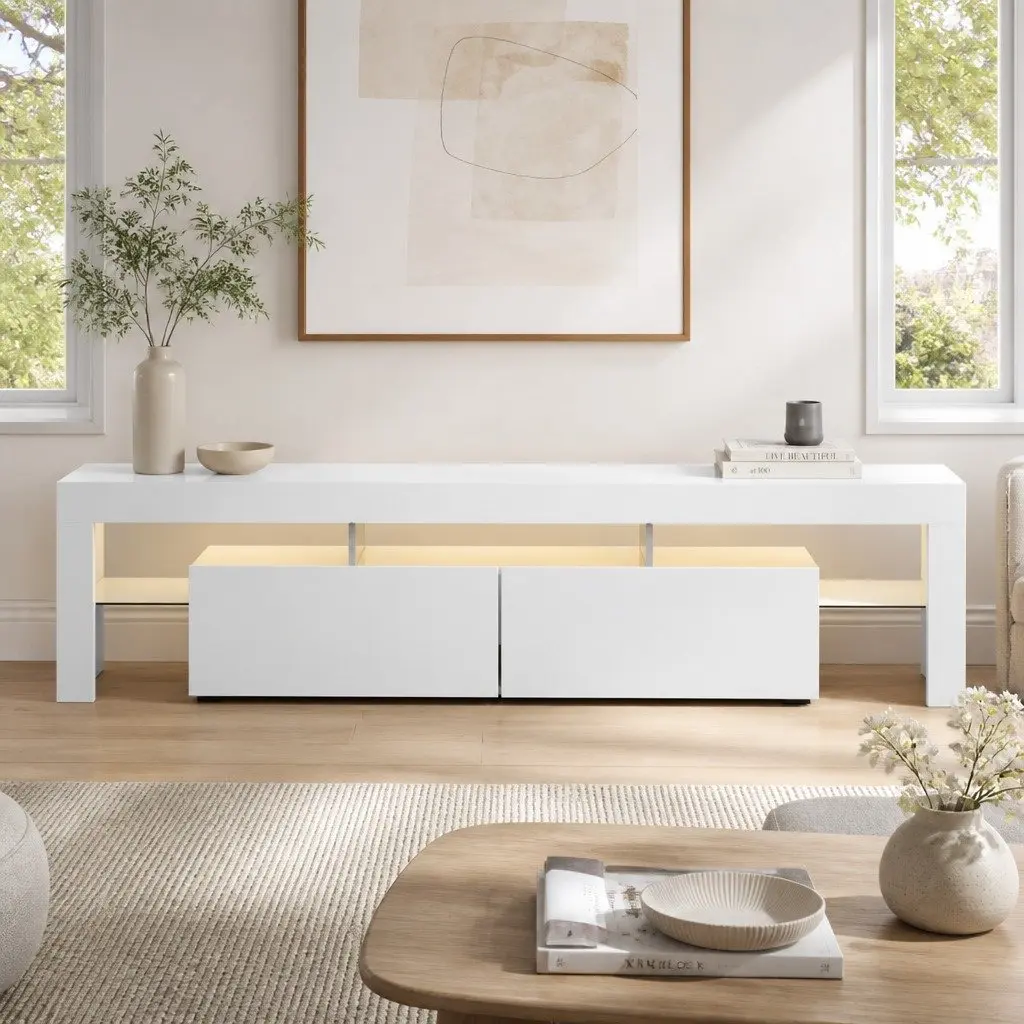 LED TV Cabinet 189cm with Storage and Glass Shelf