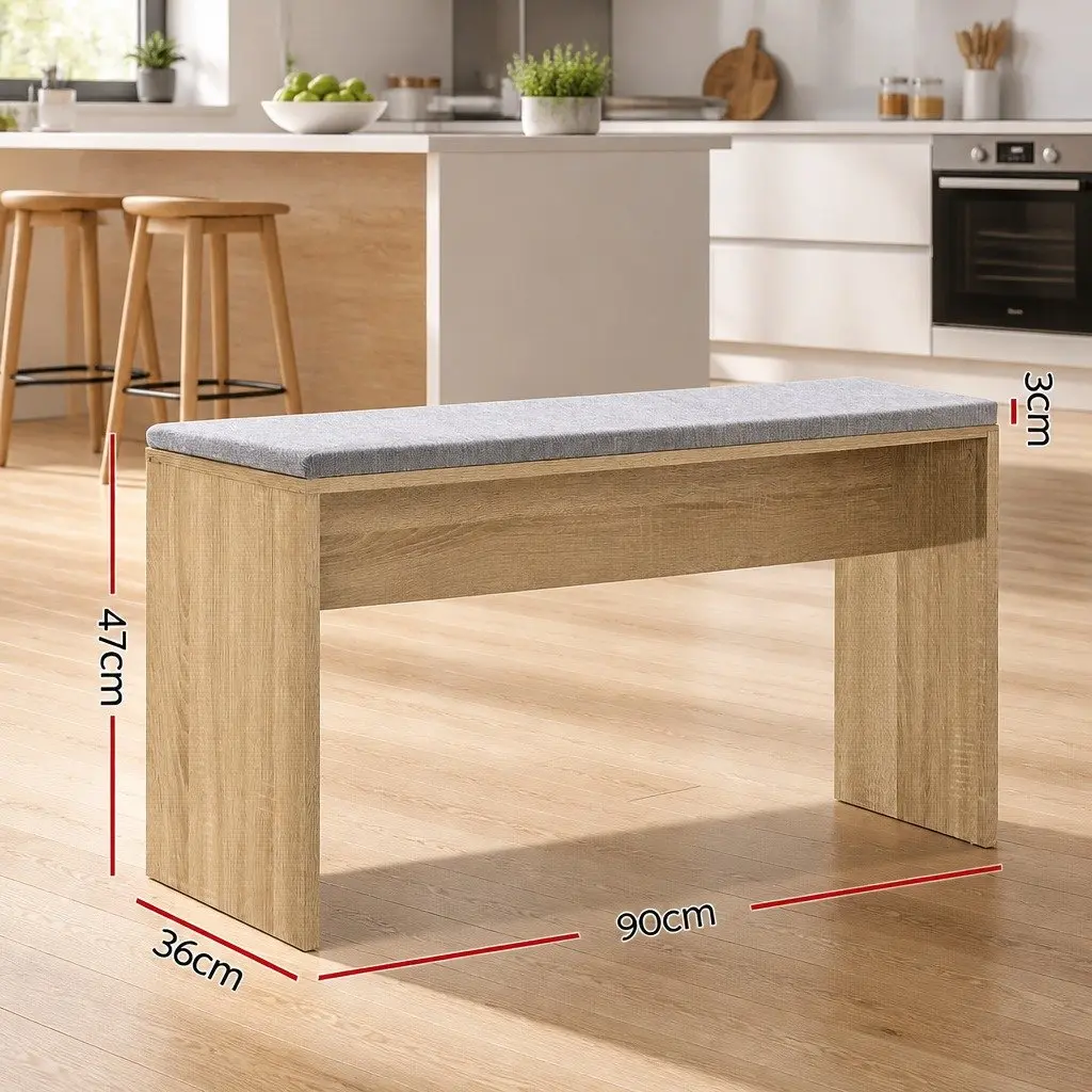 Wooden Dining Bench Upholstered Seat 90cm Faux Linen Oak Natural Finish
