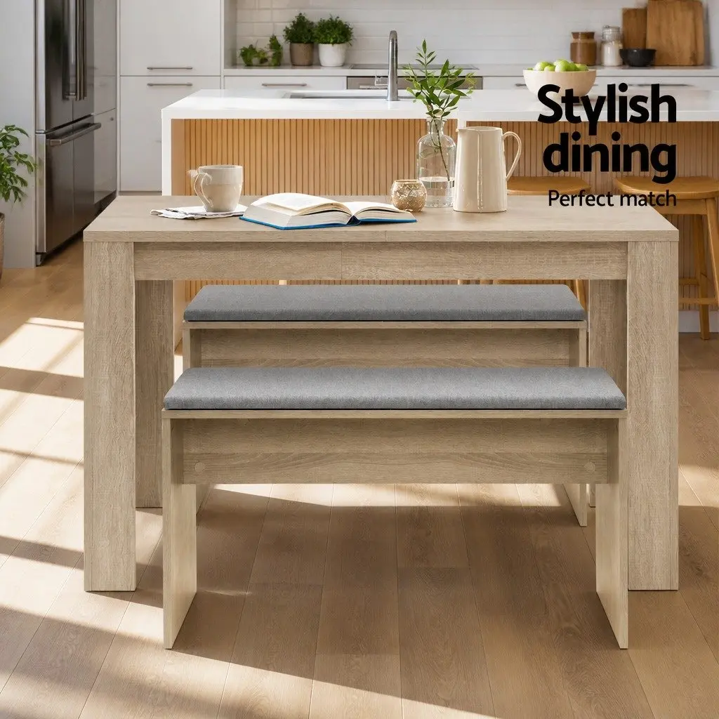 Wooden Dining Bench Upholstered Seat 90cm Faux Linen Oak Natural Finish