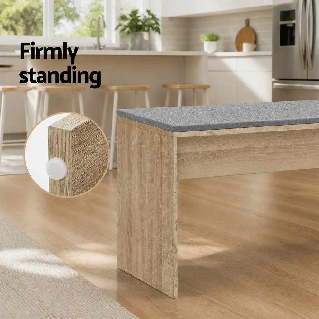 Wooden Dining Bench Upholstered Seat 90cm Faux Linen Oak Natural Finish