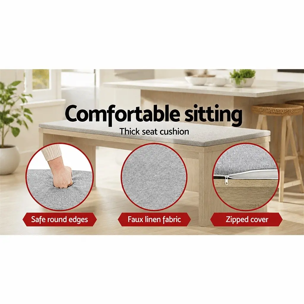 Wooden Dining Bench Upholstered Seat 90cm Faux Linen Oak Natural Finish