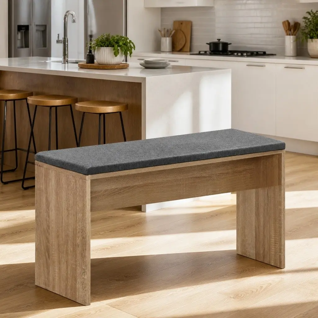 Wooden Dining Bench Upholstered Seat 90cm Faux Linen Oak Natural Finish