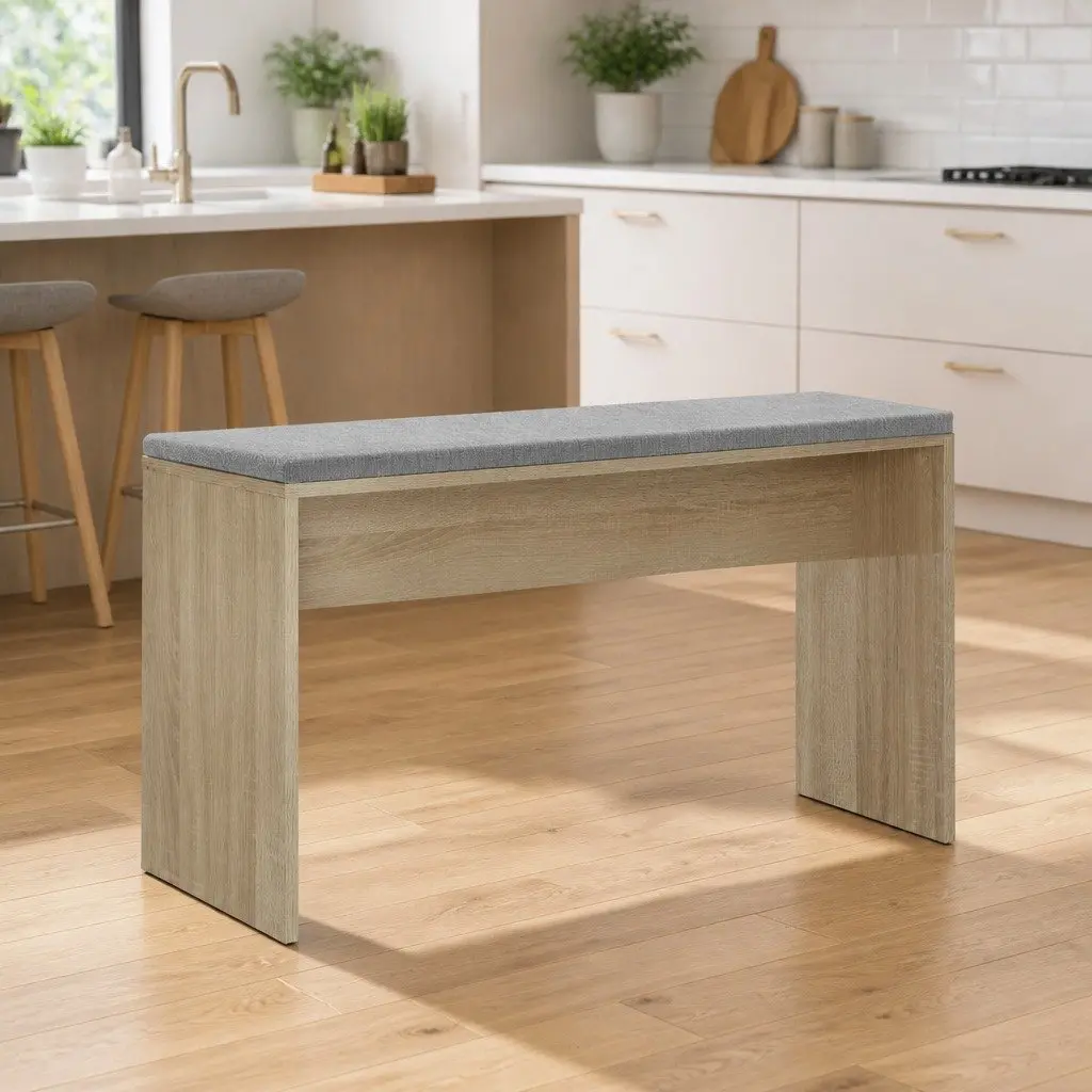 Wooden Dining Bench Upholstered Seat 90cm Faux Linen Oak Natural Finish