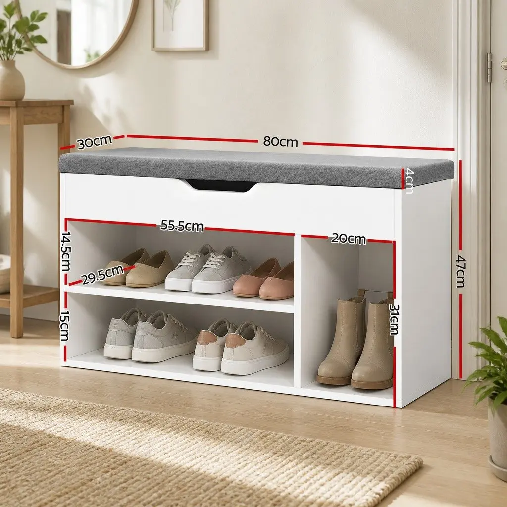 Shoe Storage Bench White Cushioned Seat 80cm Particle Board