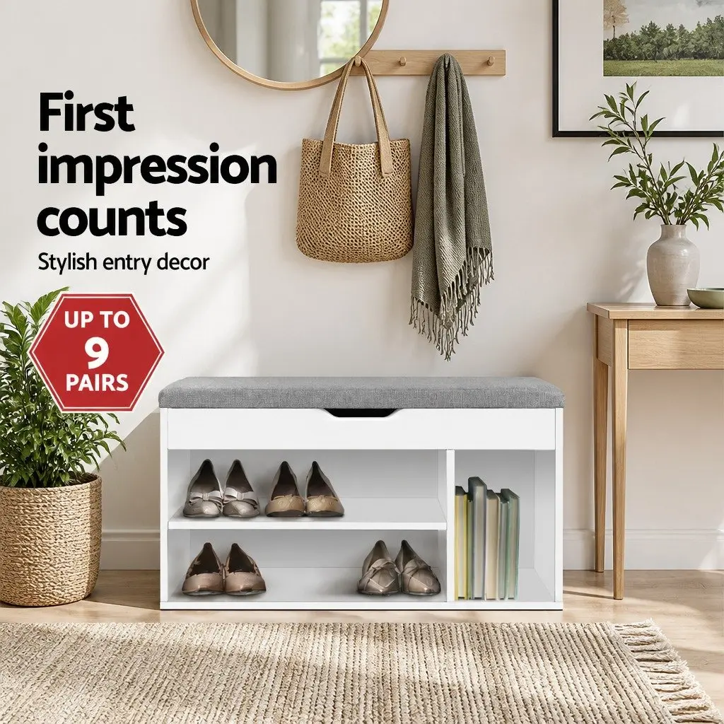 Shoe Storage Bench White Cushioned Seat 80cm Particle Board