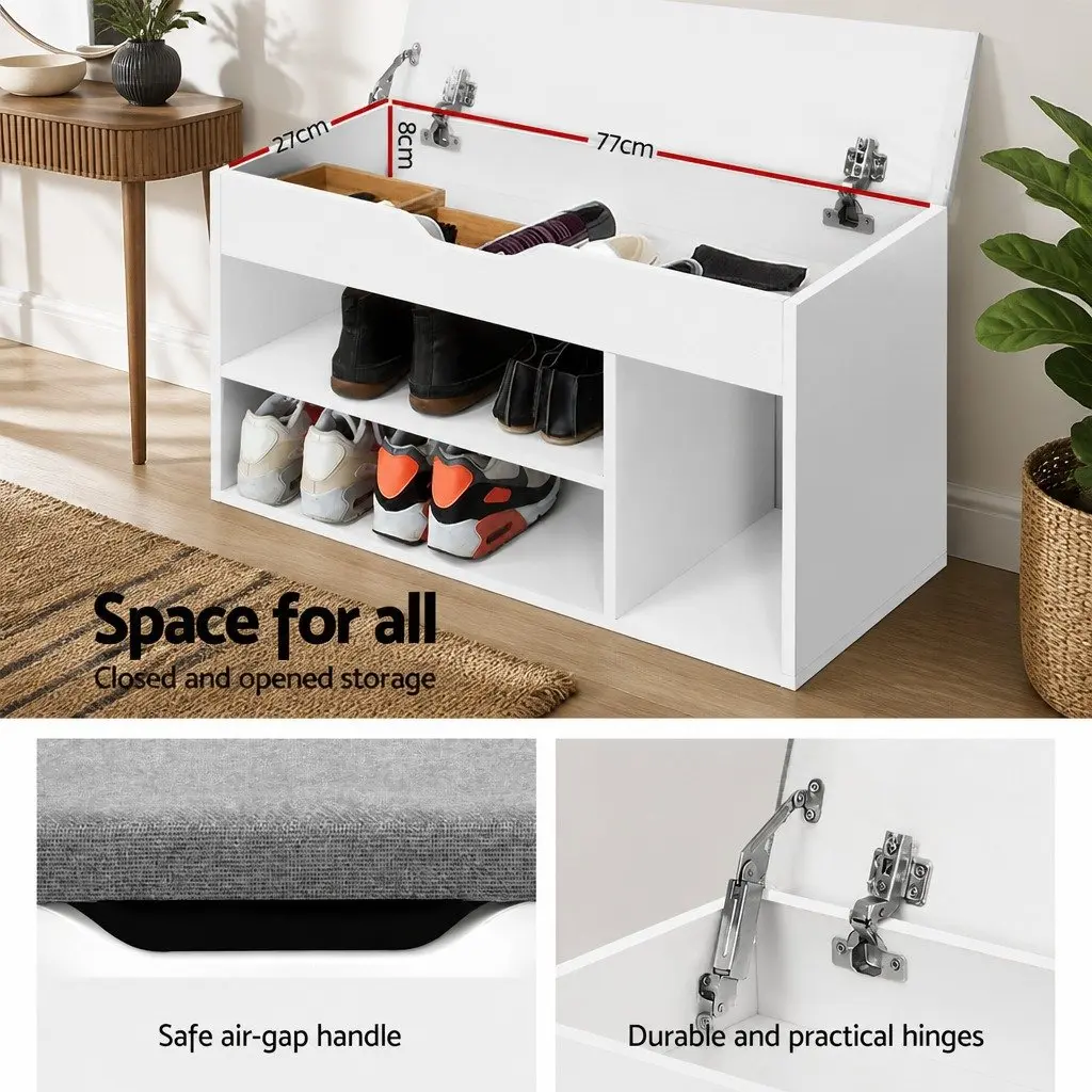 Shoe Storage Bench White Cushioned Seat 80cm Particle Board