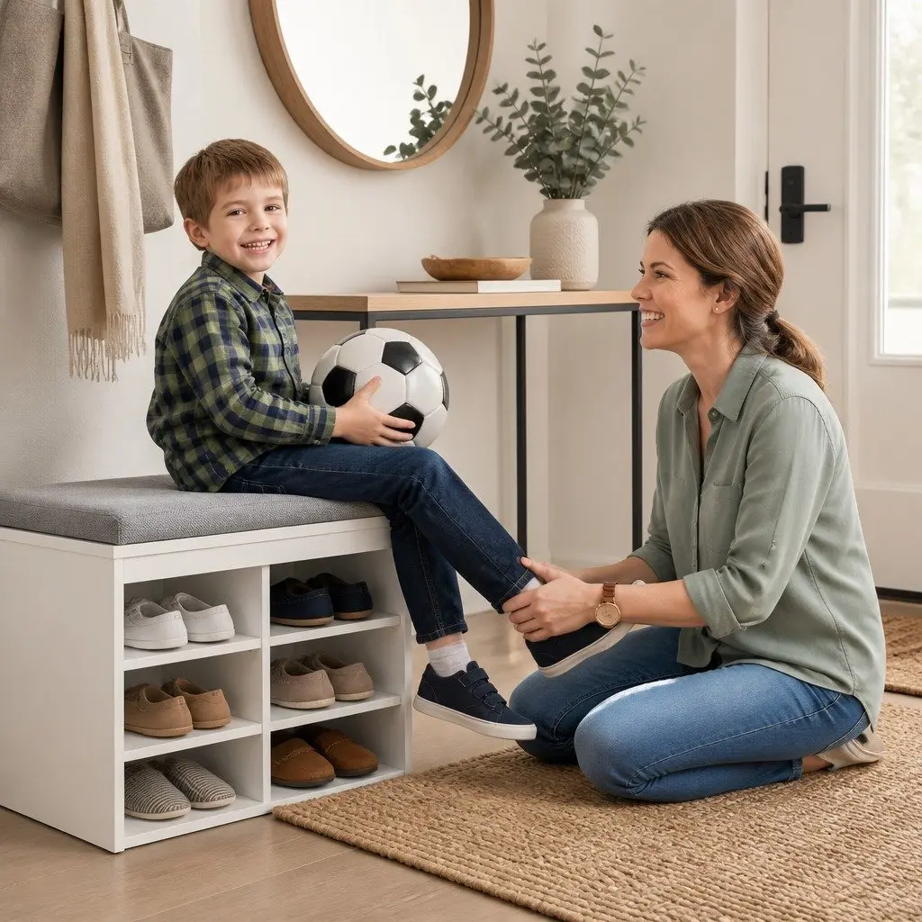 Shoe Storage Bench White Cushioned Seat 80cm Particle Board