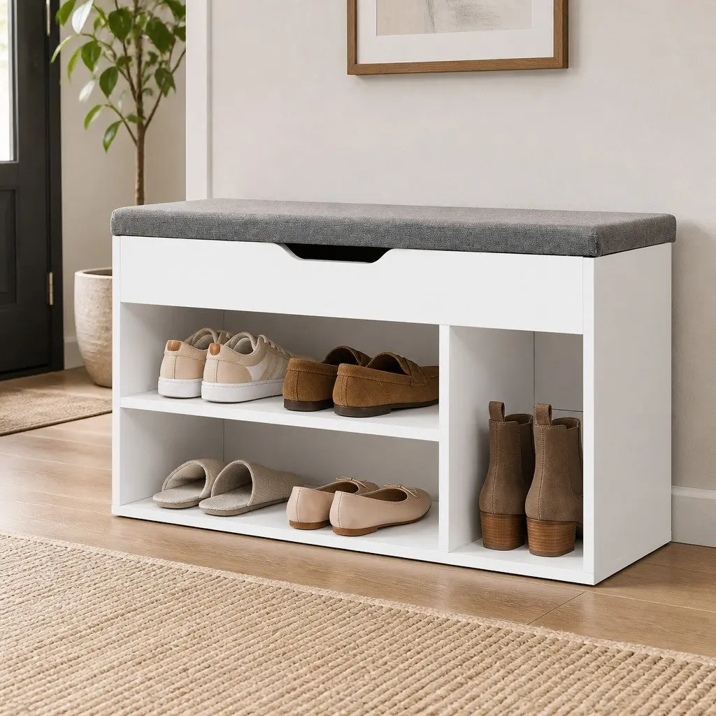 Shoe Storage Bench White Cushioned Seat 80cm Particle Board
