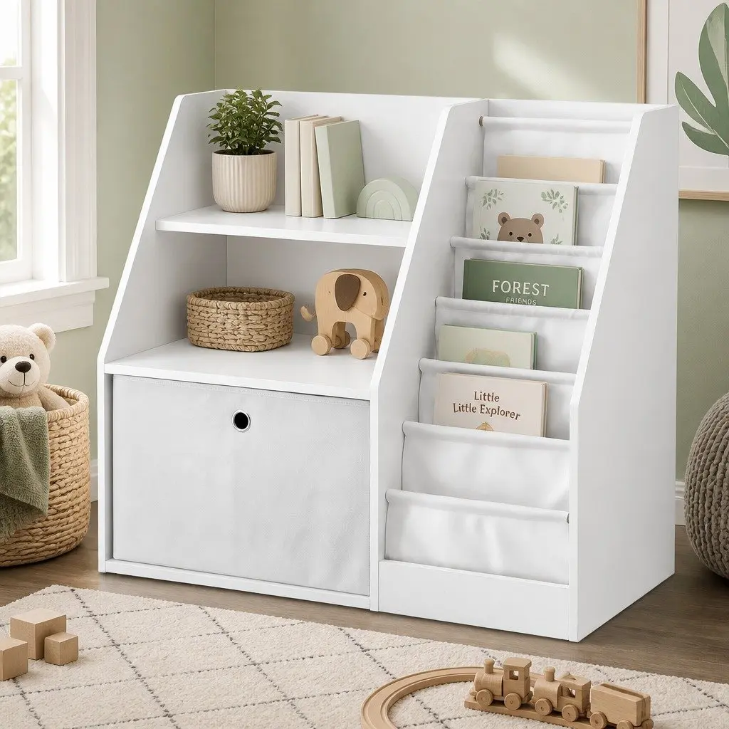 Kids Bookshelf Storage Organizer with Sling Pouches
