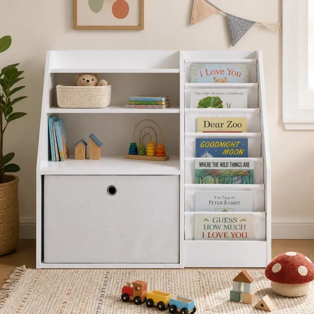 Kids Bookshelf Storage Organizer with Sling Pouches