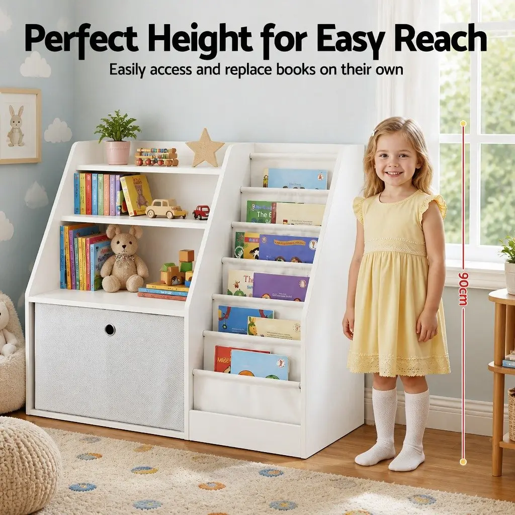 Kids Bookshelf Storage Organizer with Sling Pouches