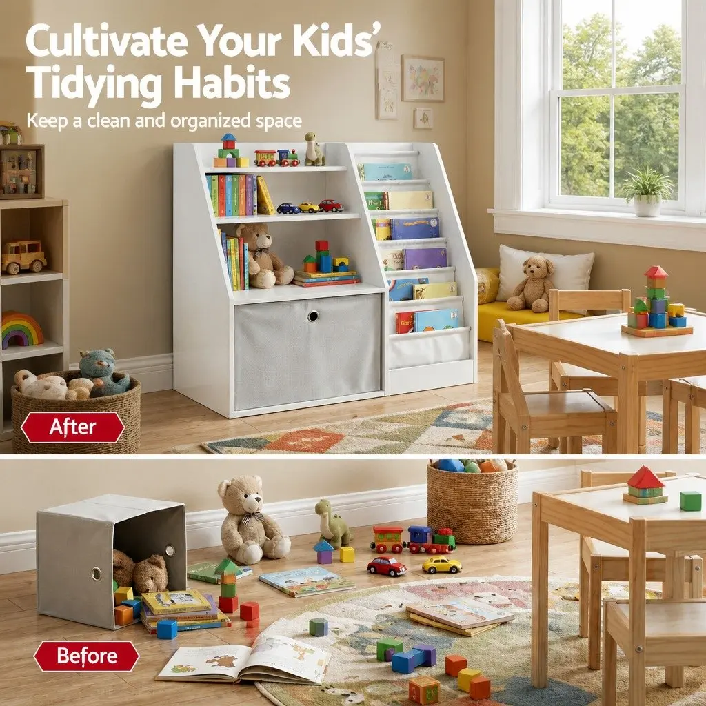 Kids Bookshelf Storage Organizer with Sling Pouches