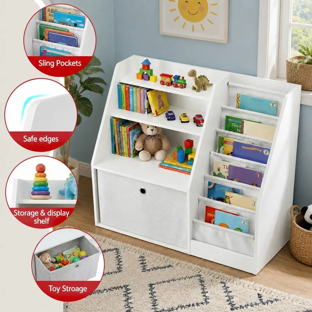 Kids Bookshelf Storage Organizer with Sling Pouches