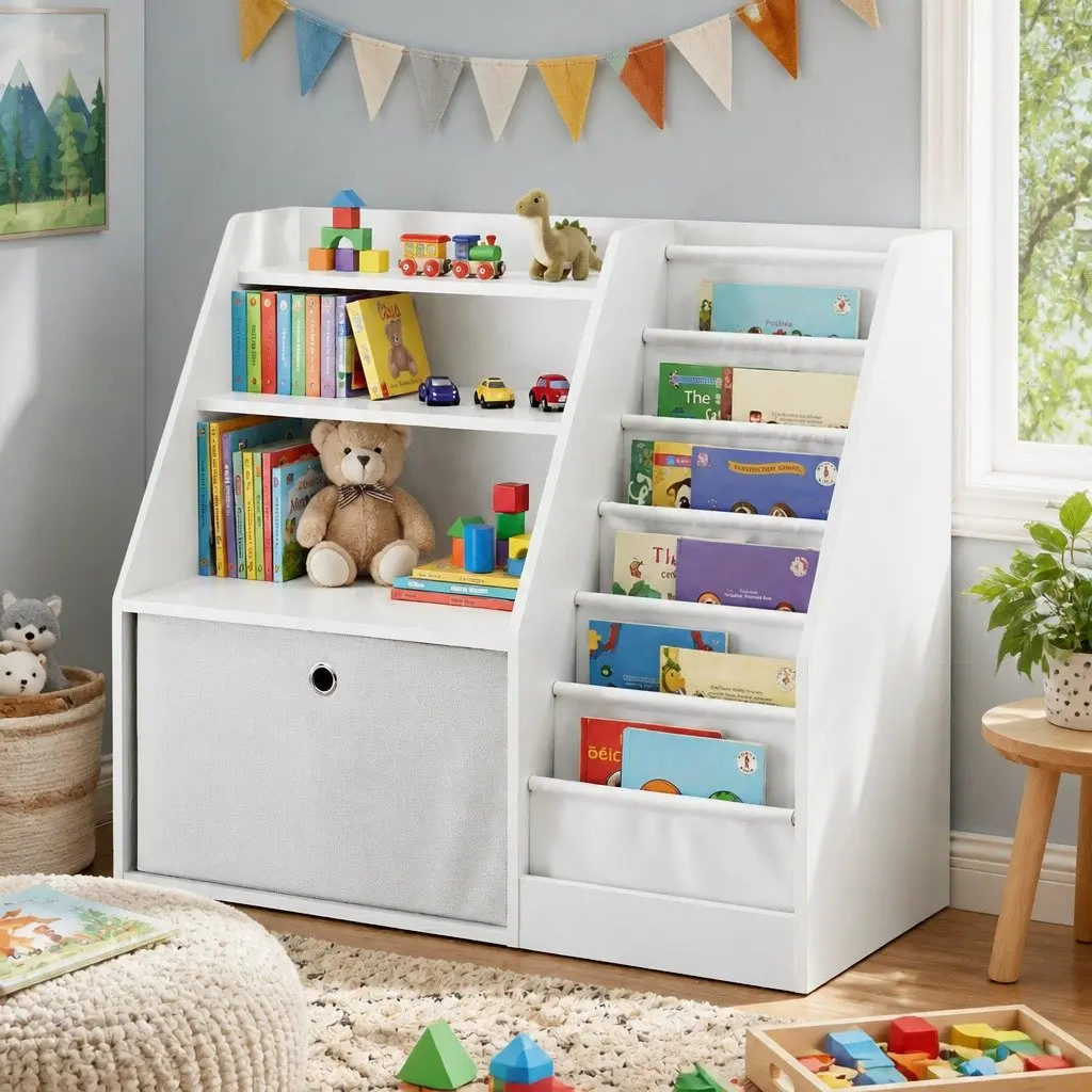 Kids Bookshelf Storage Organizer with Sling Pouches