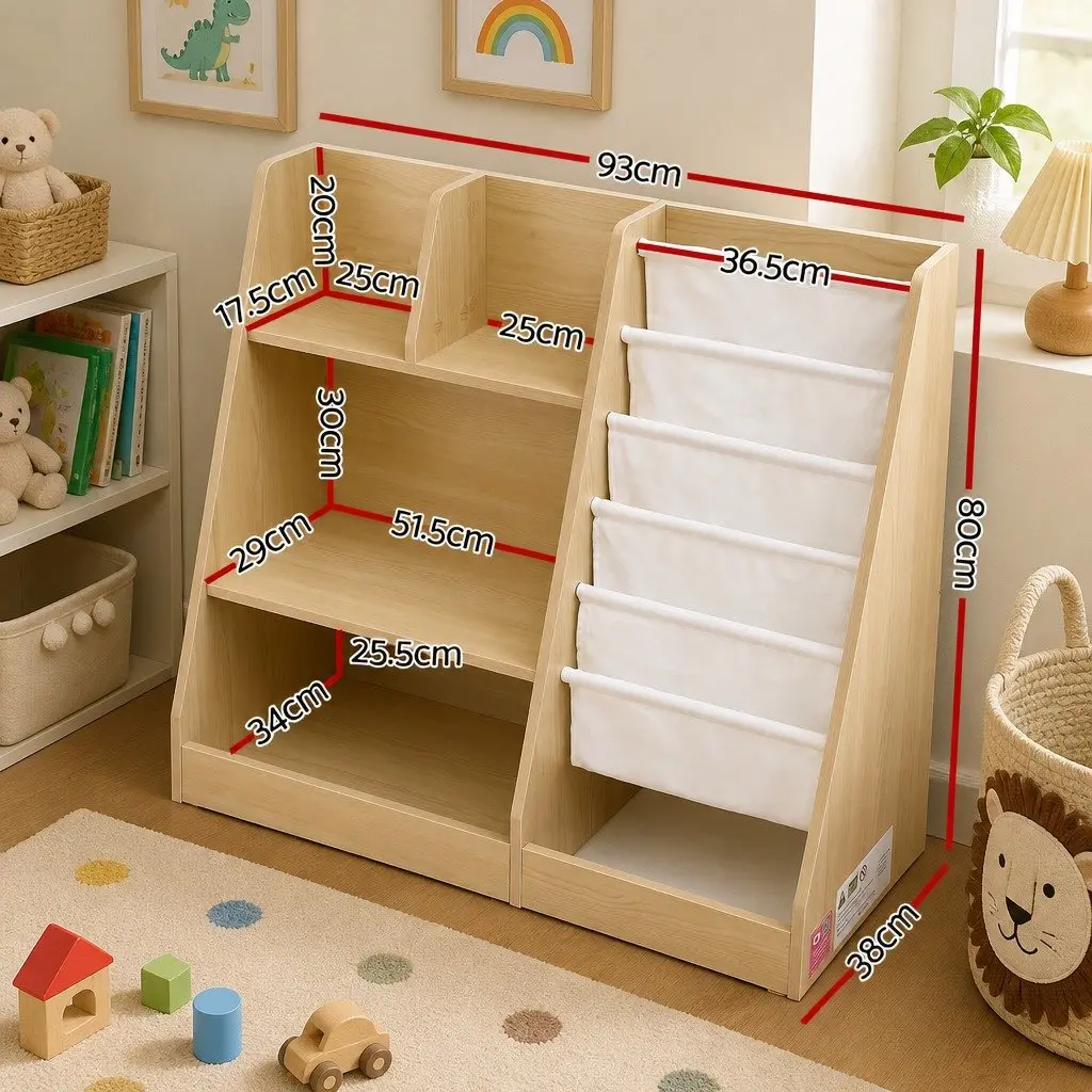 Kids Bookshelf Storage Organizer Natural Wood 91cm E1 Grade Melamine Particle Board with Sling Pouches Open Shelves Fabric Drawer