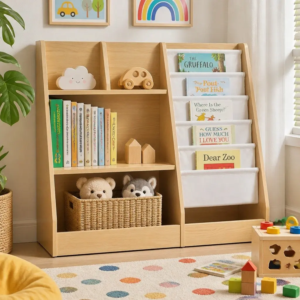 Kids Bookshelf Storage Organizer Natural Wood 91cm E1 Grade Melamine Particle Board with Sling Pouches Open Shelves Fabric Drawer