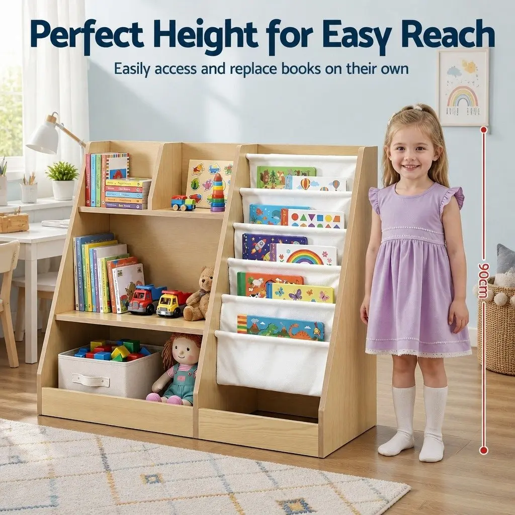 Kids Bookshelf Storage Organizer Natural Wood 91cm E1 Grade Melamine Particle Board with Sling Pouches Open Shelves Fabric Drawer