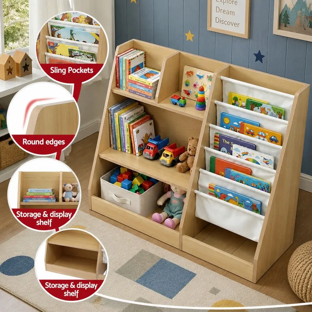 Kids Bookshelf Storage Organizer Natural Wood 91cm E1 Grade Melamine Particle Board with Sling Pouches Open Shelves Fabric Drawer