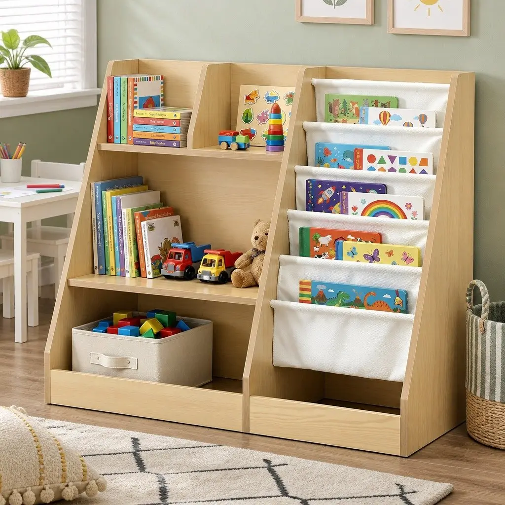 Kids Bookshelf Storage Organizer Natural Wood 91cm E1 Grade Melamine Particle Board with Sling Pouches Open Shelves Fabric Drawer
