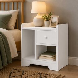 White Nightstand with Drawer and Open Shelf Storage