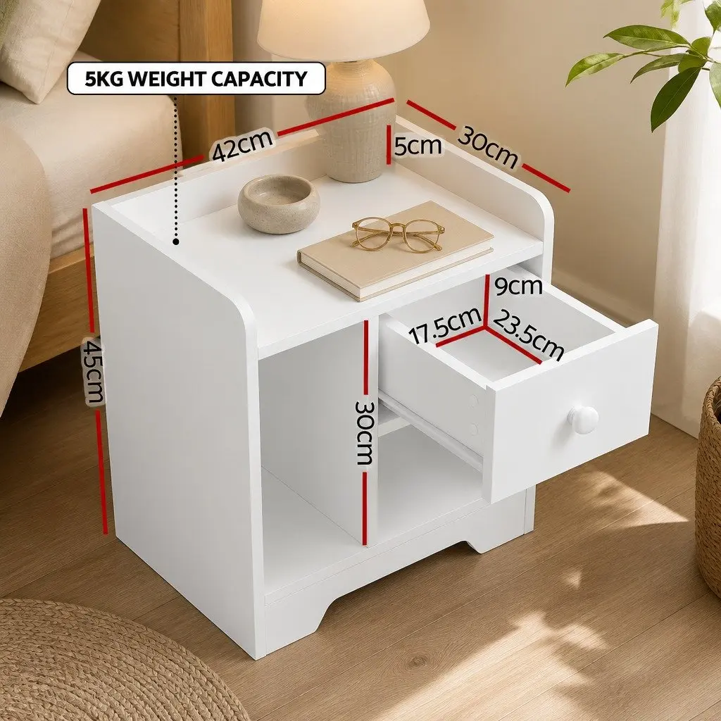White Nightstand with Drawer and Open Shelf Storage