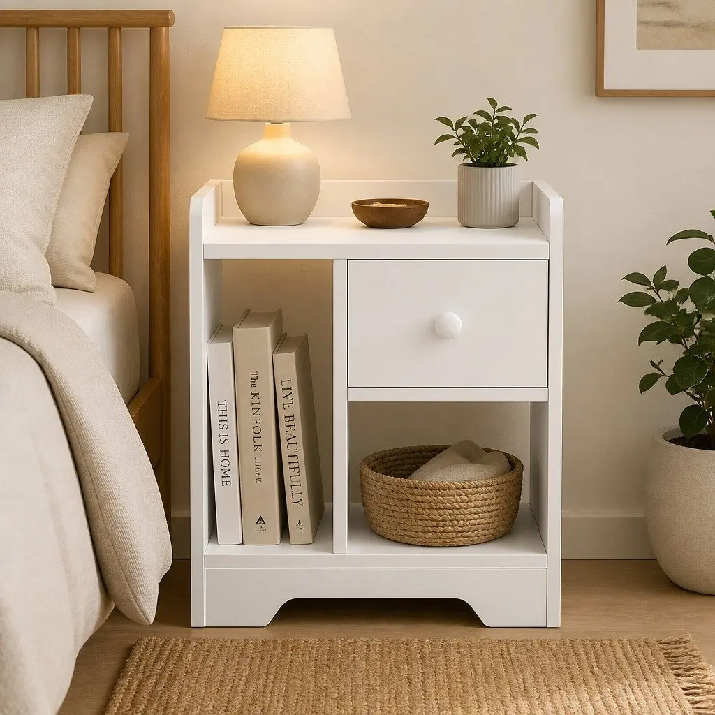 White Nightstand with Drawer and Open Shelf Storage