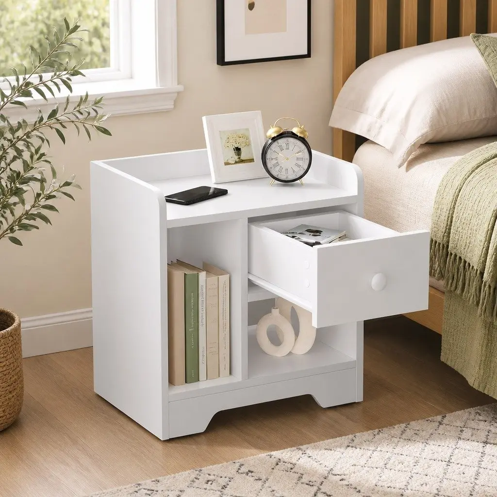 White Nightstand with Drawer and Open Shelf Storage