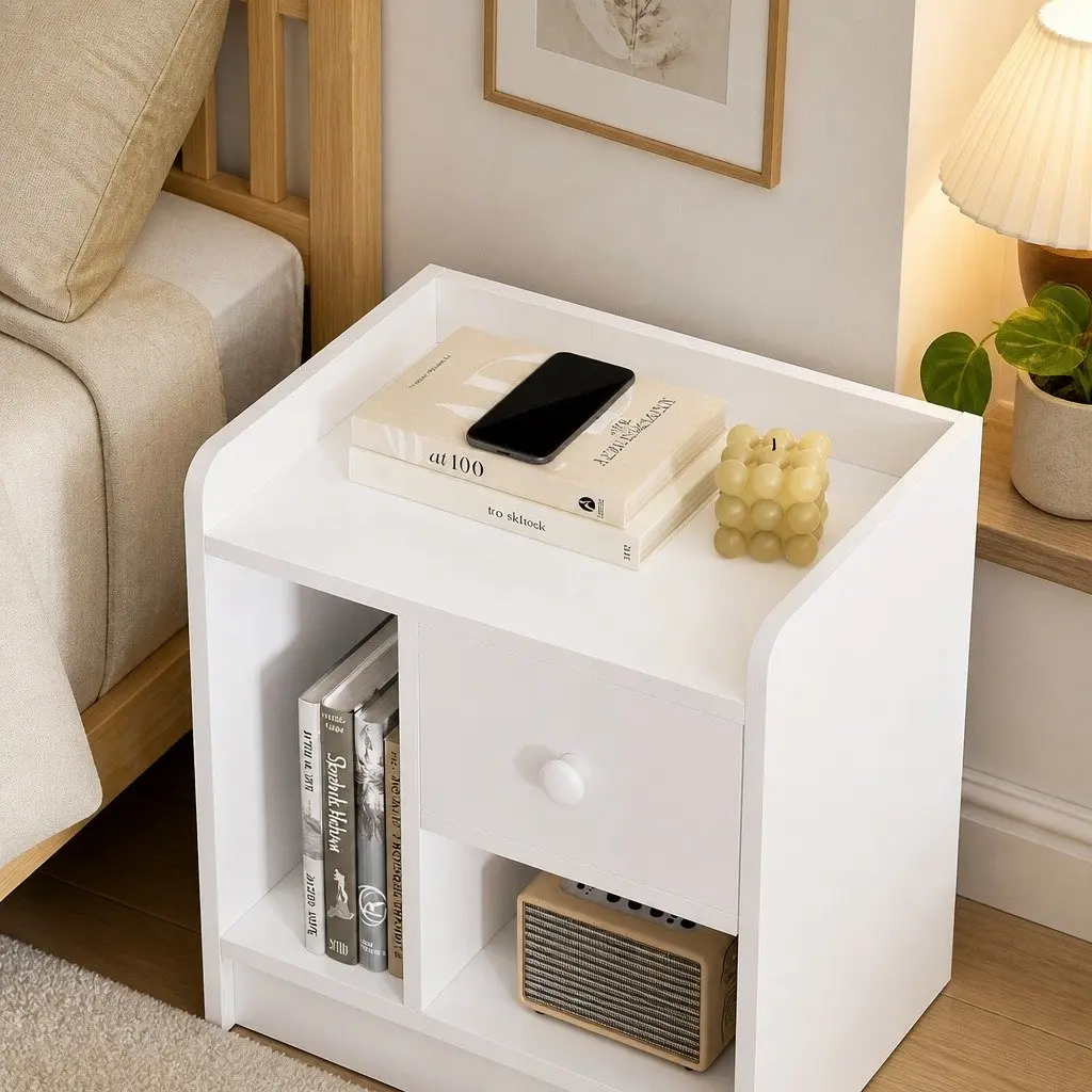 White Nightstand with Drawer and Open Shelf Storage