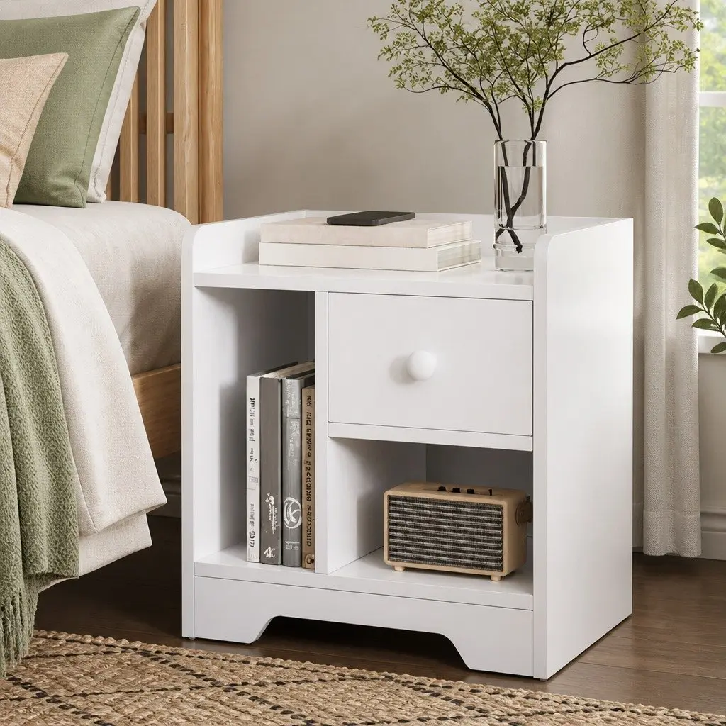 White Nightstand with Drawer and Open Shelf Storage