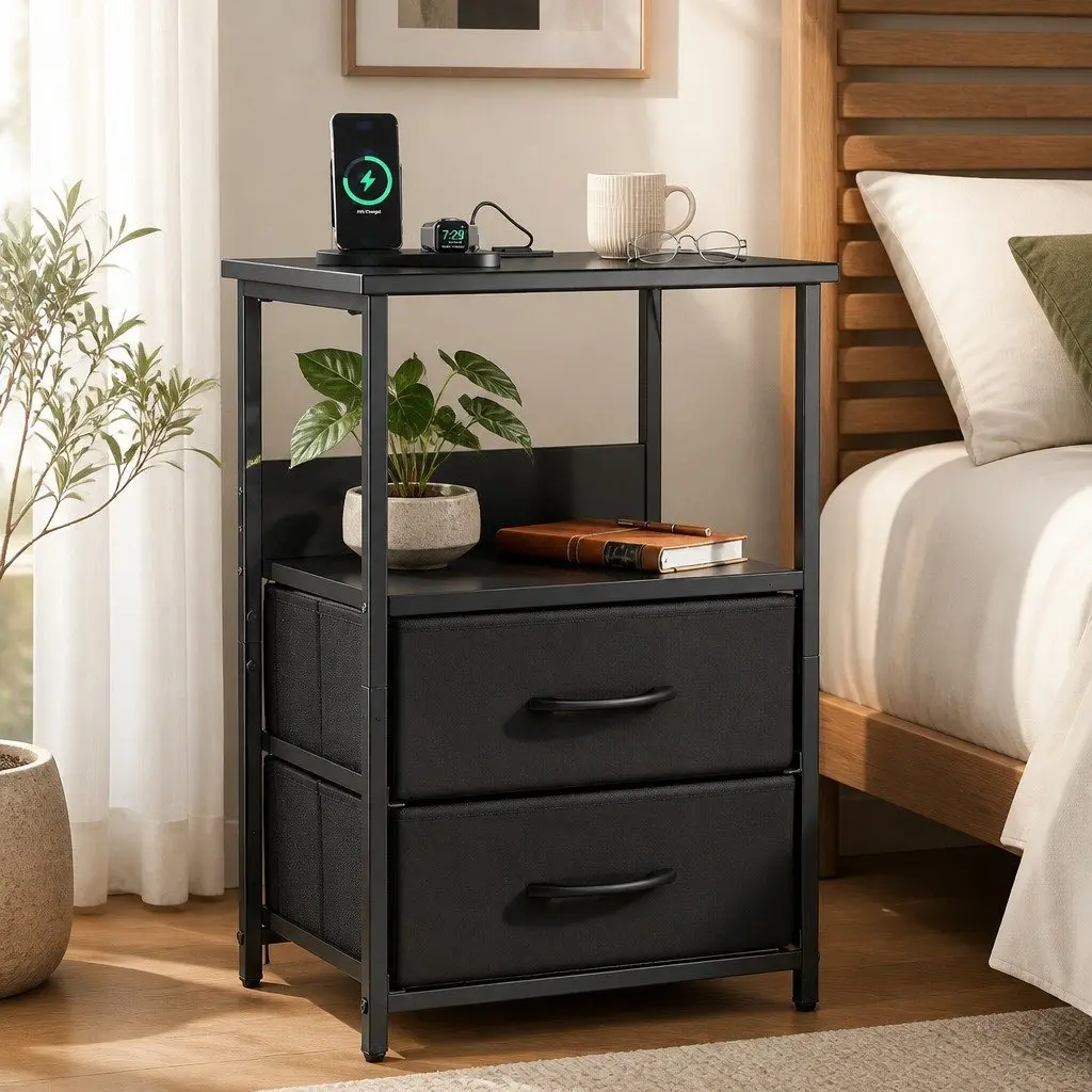 LED Nightstand with Charging Station and Foldable Drawers