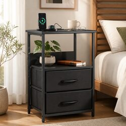 LED Nightstand with Charging Station and Foldable Drawers