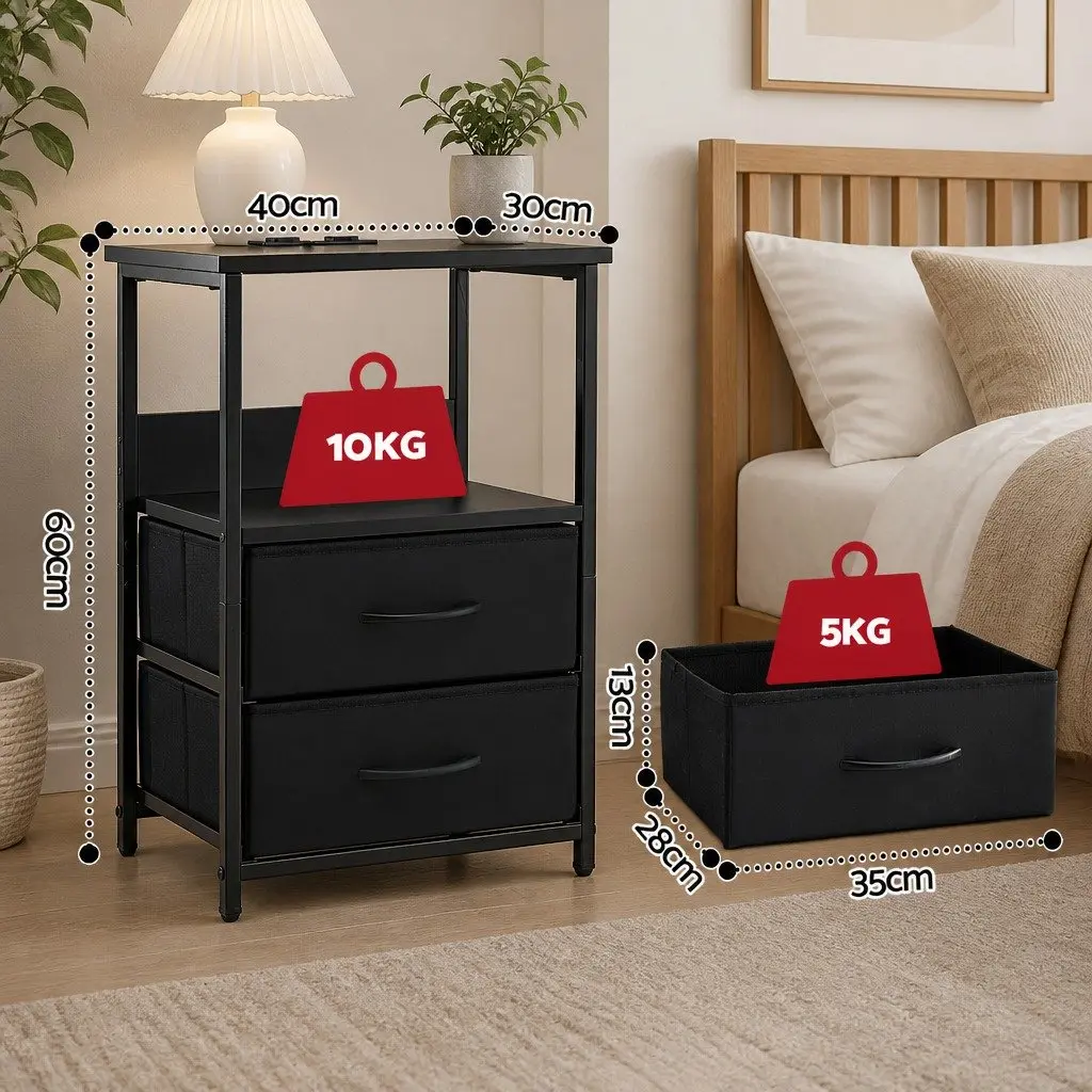 Bedside Table LED Nightstand Black 2 Foldable Drawers Particle Board with Charging Station