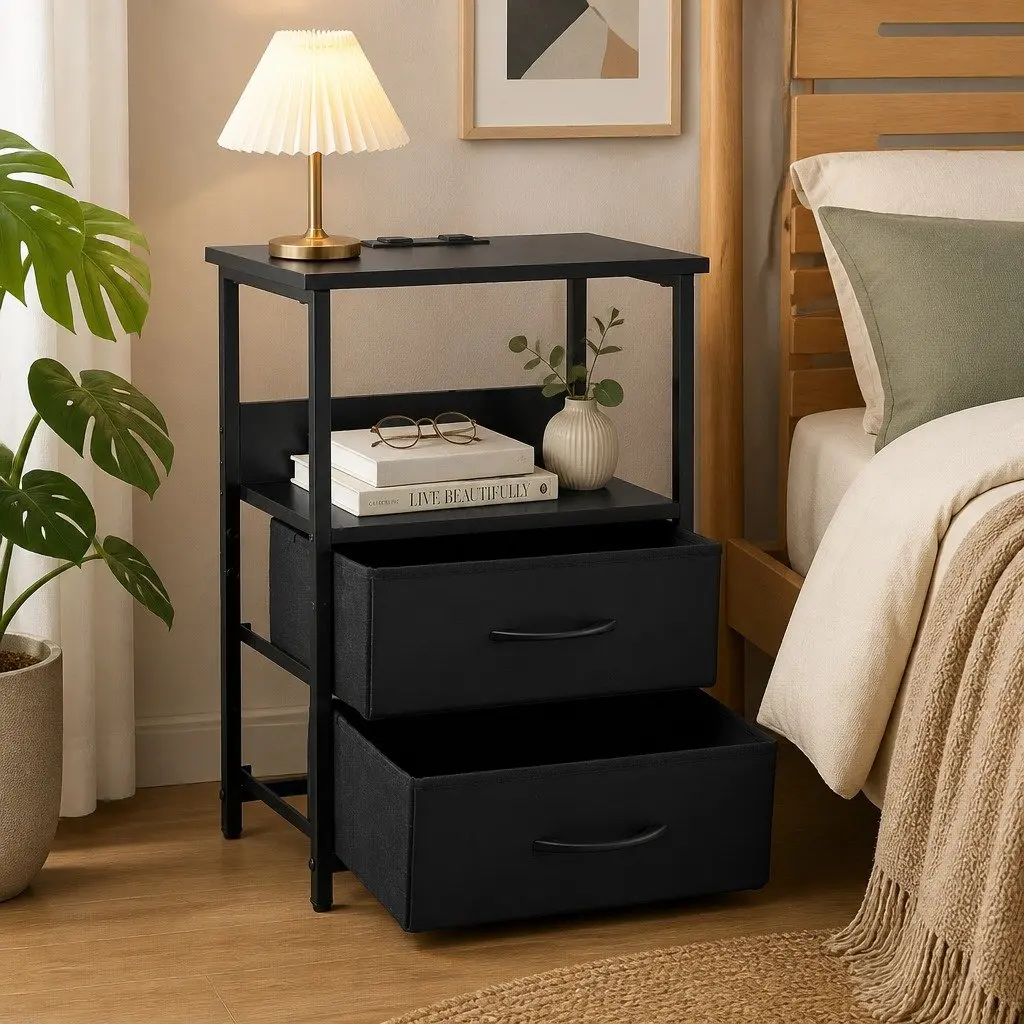 Bedside Table LED Nightstand Black 2 Foldable Drawers Particle Board with Charging Station