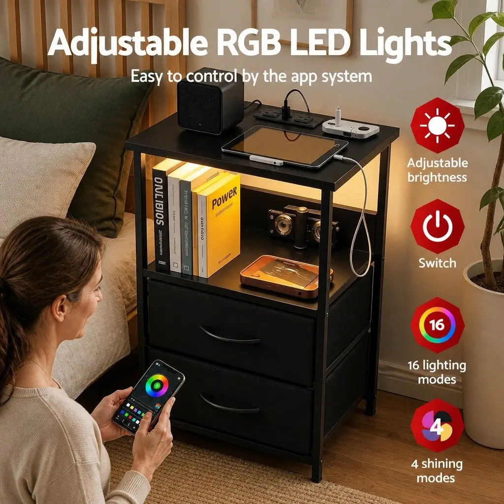 Bedside Table LED Nightstand Black 2 Foldable Drawers Particle Board with Charging Station