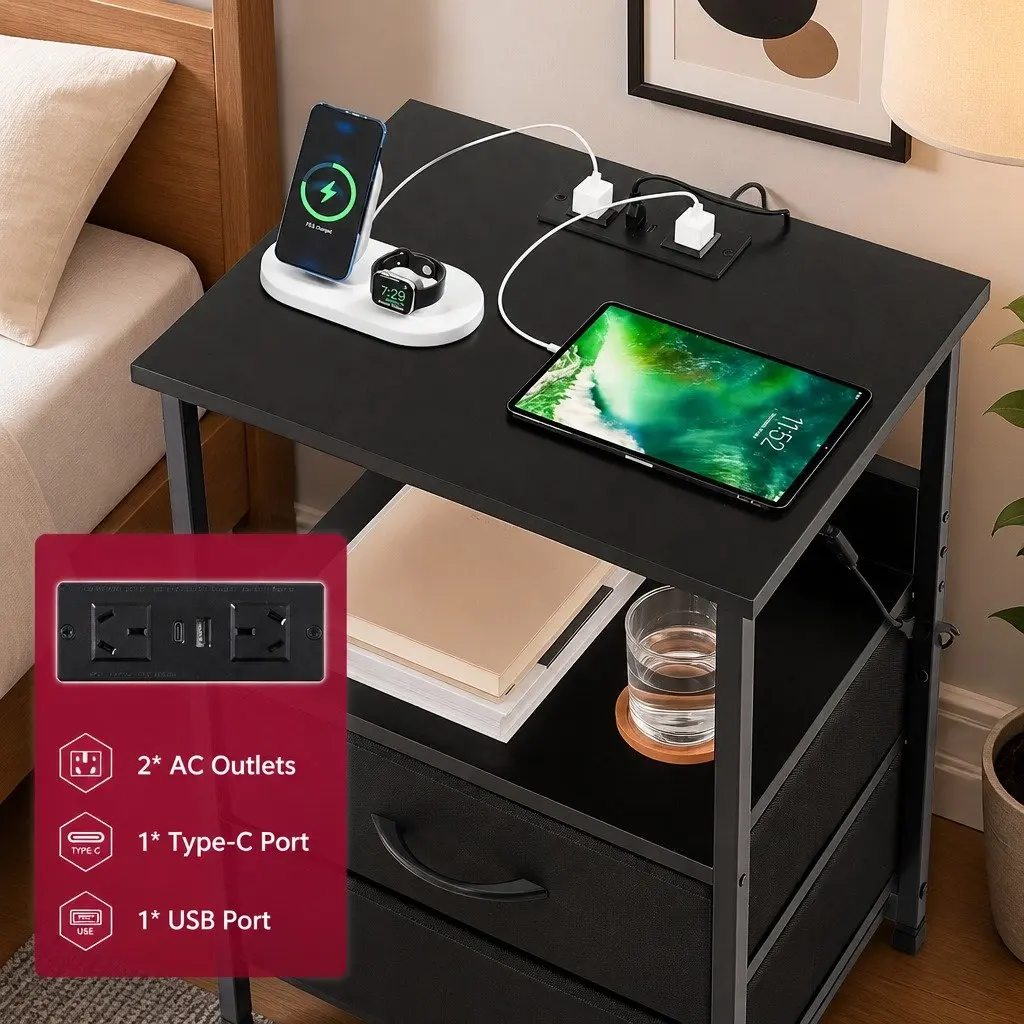Bedside Table LED Nightstand Black 2 Foldable Drawers Particle Board with Charging Station