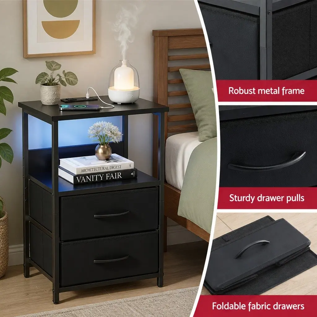 Bedside Table LED Nightstand Black 2 Foldable Drawers Particle Board with Charging Station