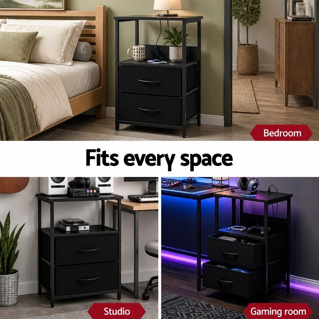 Bedside Table LED Nightstand Black 2 Foldable Drawers Particle Board with Charging Station